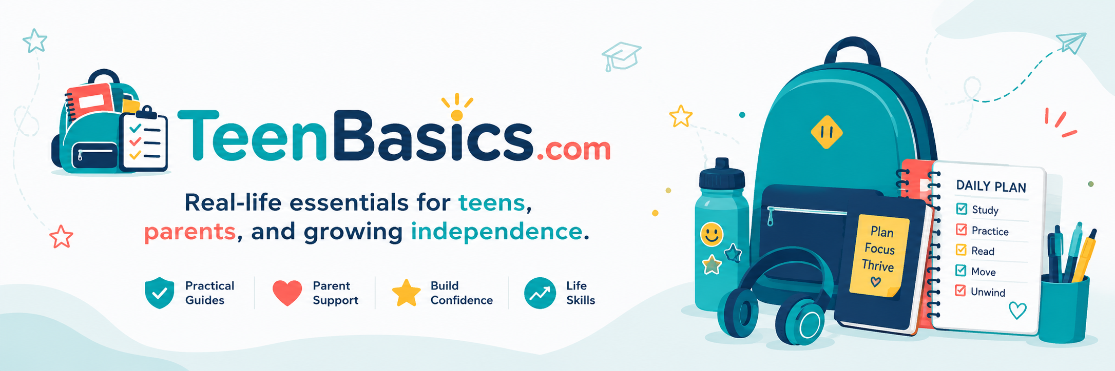Backpack, water bottle, headphones, and a daily planner illustrating the essentials teens carry every day